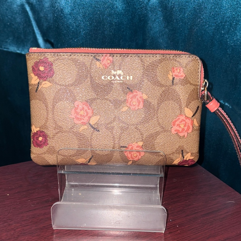 COACH Brown Signature Floral Wristlet with Pink & Coral Roses